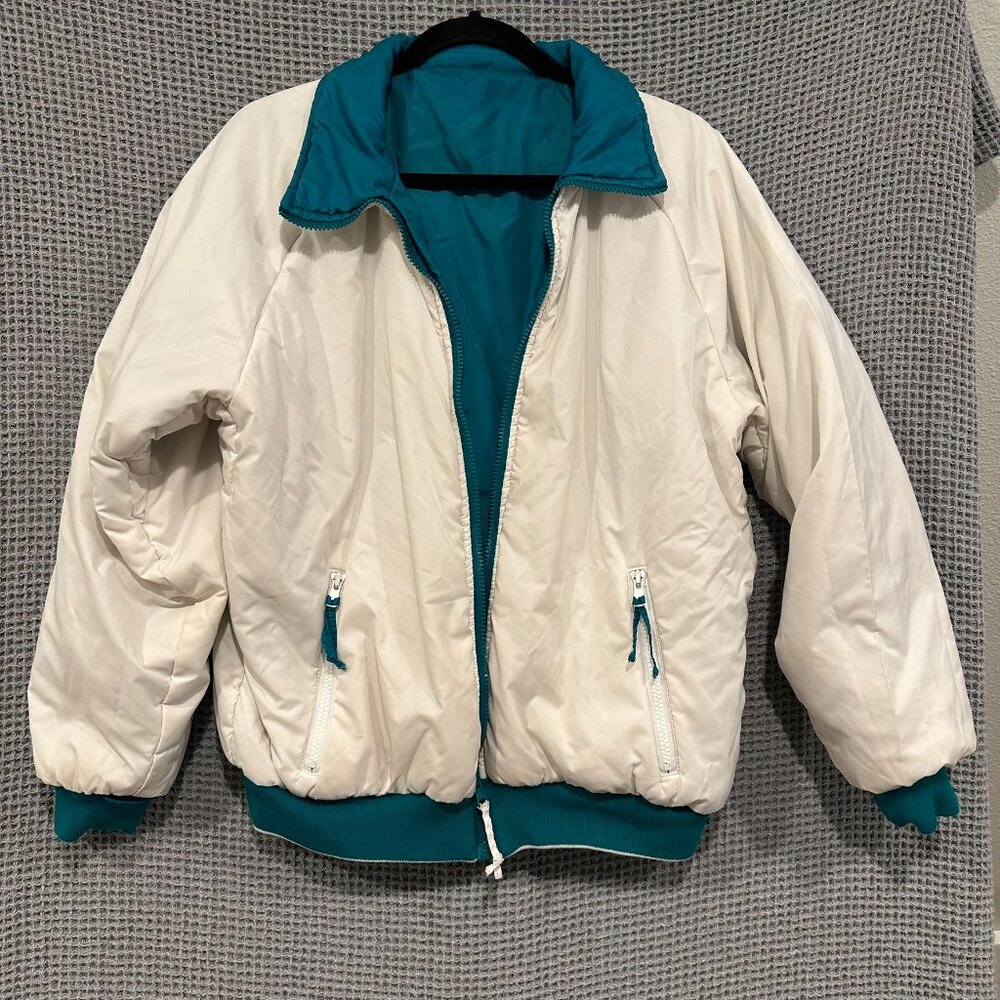 Vintage 90s Y2K Women's Medium Teal and White Reversible Puffer Bomber Jacket - Picture 8 of 12